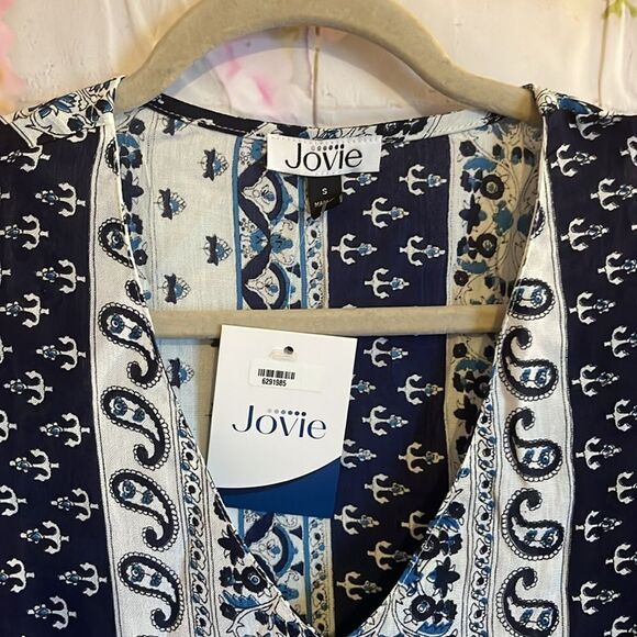 Jovie Front Tie Blue Paisley Button up V Neck Blouse - Picture 5 of 10